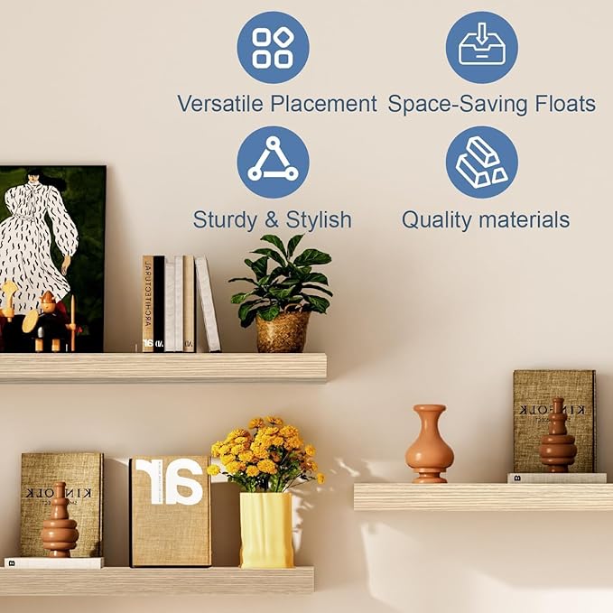 Floating Shelves for Wall, Bathroom Shelves Over Toilet, Wall Shelves & Book Shelf for Room, Hanging Shelf, Modern Wooden Wall-Mounted Small Floating Shelves, 12x7x1.5 in (Oak, Set of 4)