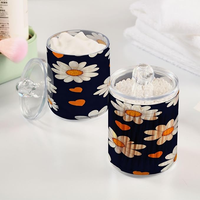 Nander 4Pack Beautiful Daisy Petals Qtip Holder Dispenser -Clear Plastic Apothecary Jars Set - Restroom Bathroom Makeup Organizers Containers for Cotton Swab, Ball, Pads, Floss
