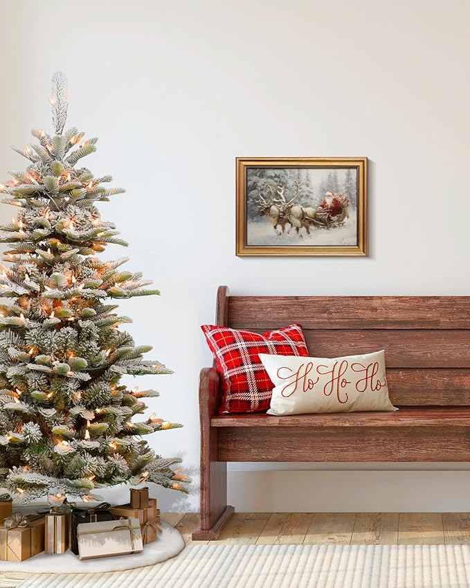 Bzstyleart Vintage Wall Art Decor Framed Christmas Festival Wall Art for Bedroom, Santa Claus and Reindeer Christmas Decoration for Home, 12x16 Inch Reindeer Picture