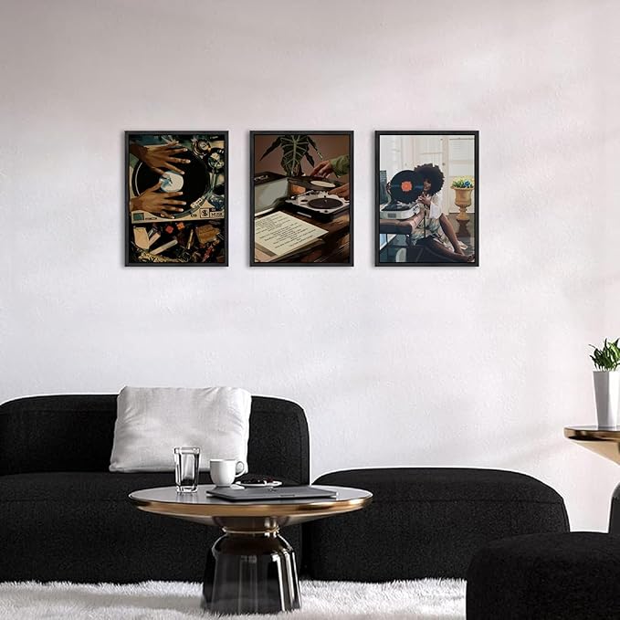 Black Girl Wall Art Decor Modern Black Woman Painting Prints, Set of 3 African American Music Record Player Poster Canvas Artwork for Bedroom Living Room 12x16 inch PS Framed