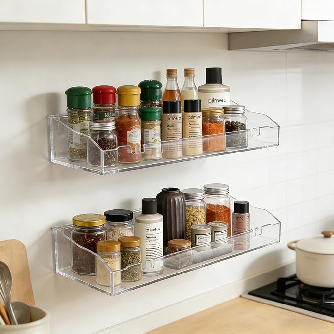 4PCS Acrylic Shelves for Wall Clear Floating Shelf Adhesive or Screws of Installation Bathroom Shelf Organizer Wall Storage Display for Bedroom Living Room Kitchen