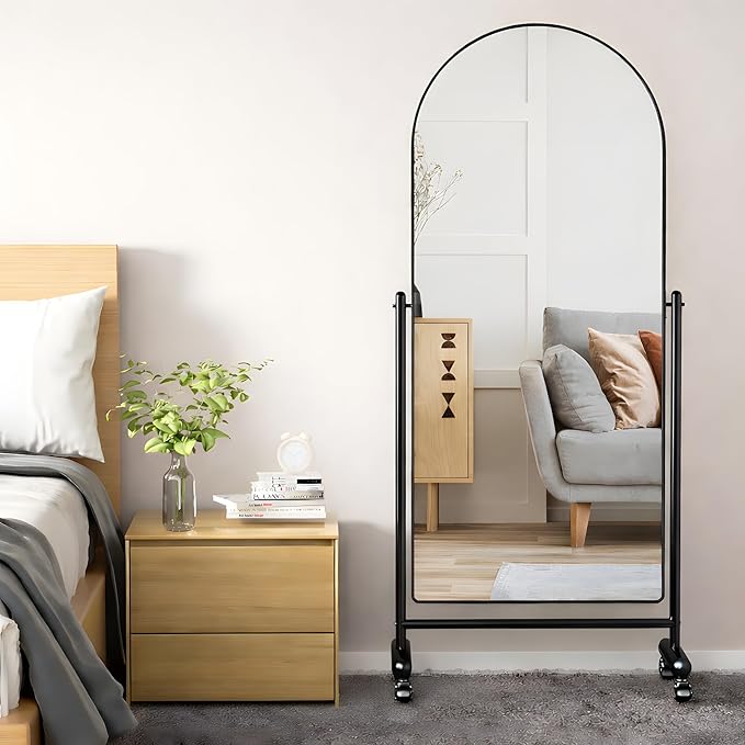 Arched Full Length Rolling Mirror on Wheels, 65"Lx24"W Large Modern Tilting Swivel Mirror with Tempered Glass & Metal Frame, Use for Dressing,Dance Studio,Fitness,Home Gym, Barbershop (Black)