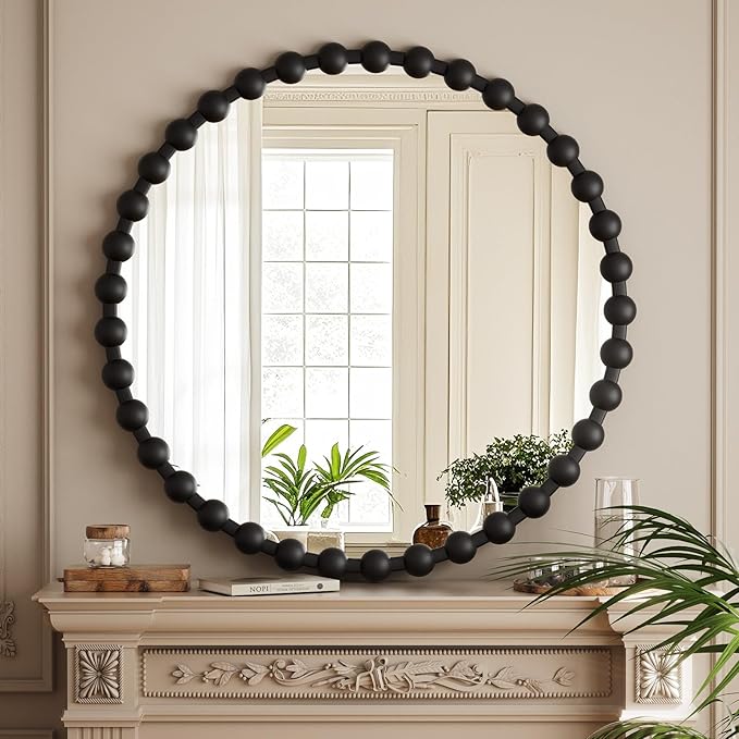 Easly Round Mirror for Wall, 32 Inch Black Beaded Frame Decorative Vanity Mirror, Circle Bathroom Mirror with High-Definition Lense, Modern Wall Decor for Bathroom, Living Room, Bedroom, Entryway