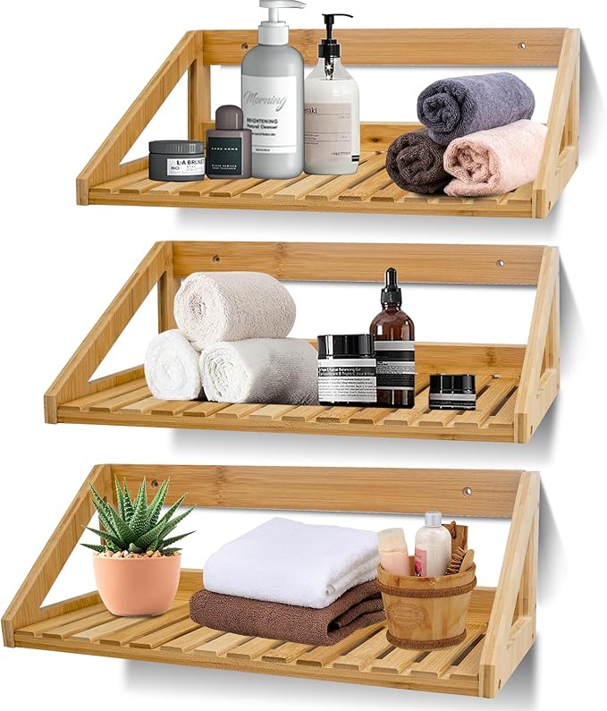 Floating Shelves Wall Mounted, 3 Pcs Solid Bamboo Wall Hanging Rack Holder, Wall Storage Shelves for Bedroom, Living Room, Bathroom, Kitchen, Office Decor
