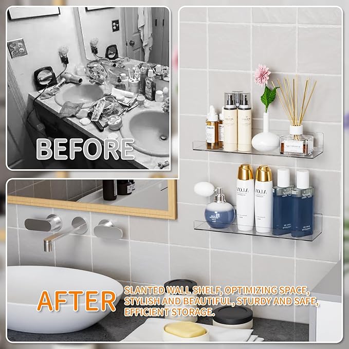 Yieach 4 Pack Acrylic Shelves for Wall Storage,No Drilling Adhesive Shelves,Clear Stick On Bathroom Wall Shelf Organizers,Plastic Floating Shelves for Perfume,Funko,Lego,Skincare,Bookshelf for Kids