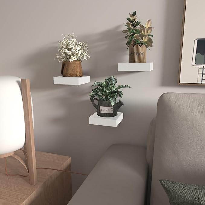 PopiShelves Small Floating Shelves for Wall - 4 Inch Mini Square White Shelves for Bedroom, Living Room, Bathroom, Kitchen, Office Decor Set of 3