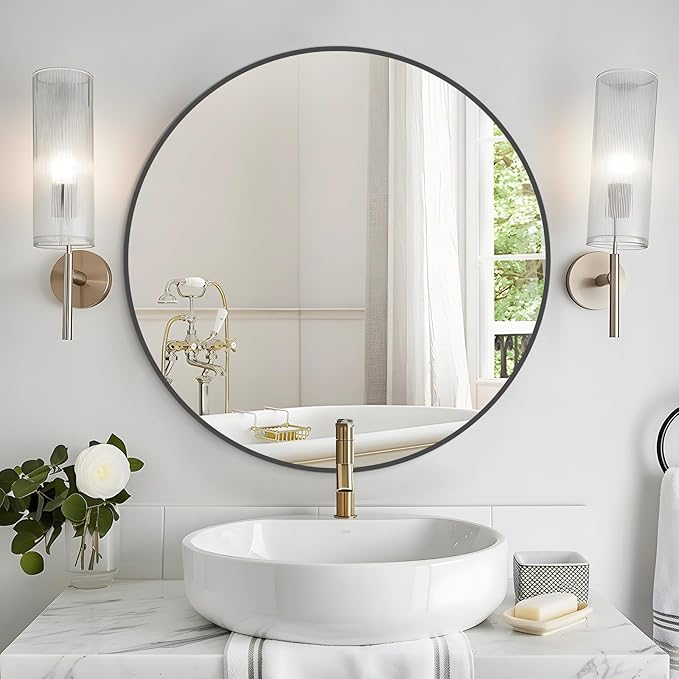 WallBeyond Round Wall Mirror 28 inch Black Large Circle Mirror for Bathroom with Metal Framed, Round Black Mirror for Wall Decor, Vanity, Entryway Living Room
