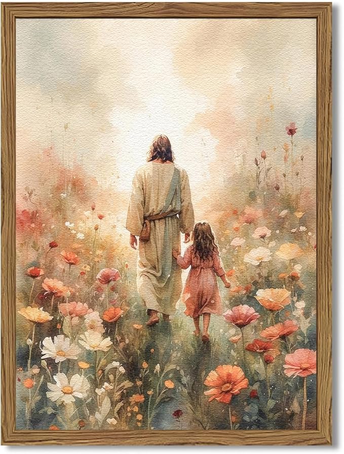 Jesus and the Girl Wall Art, Religious Jesus Painting Wall Decor Christ our Savior 3D Textured Hand Drawn Sandstone Christian Artwork for Living Prayer Room Bedroom 24x36 inch Wood Framed