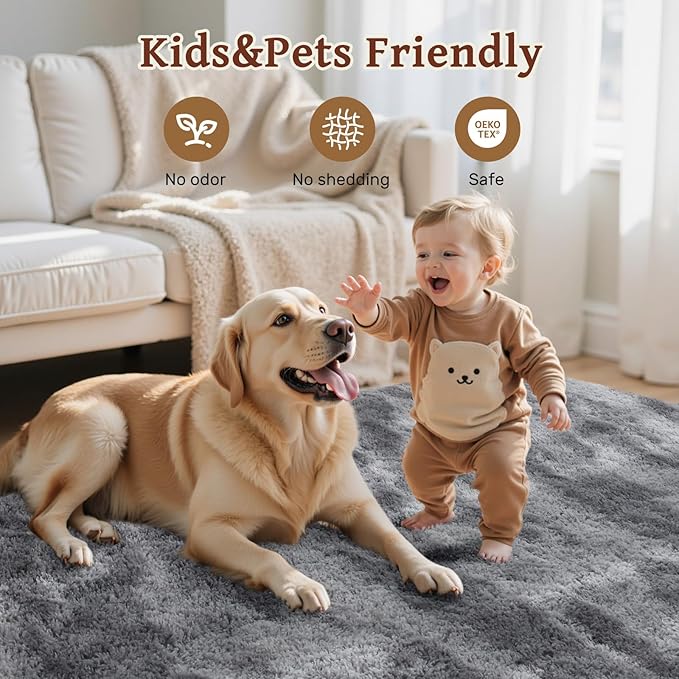 Area Rugs for Living Room 6x9 Feet, Soft Fluffy Shagg Plush Bedroom Rug Non-Slip,Large Carpet for Nursery Kids Dorm Home Decor Zebra Grey