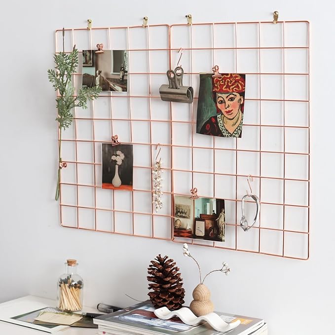 Metal Mesh Wall Grid Panel for Photo Display,Message Board,Size: 17.5" x 11.8",Pack of 2 (Rose Gold)
