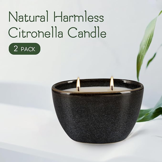 2-Pack Black Ceramic Citronella Scented Candles – Dual-Wick, All-Natural Wax, Decorative Geometric Design for Indoor/Outdoor Ambiance