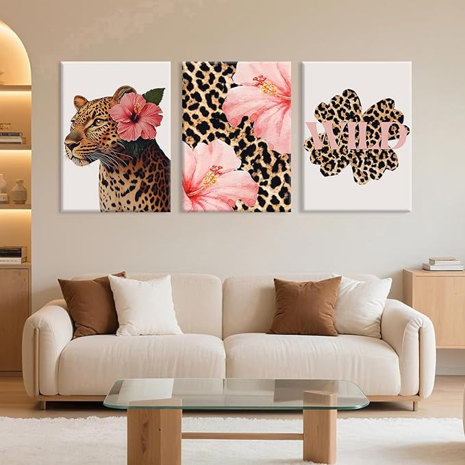 Trendy Leopard Wall Art Pink Cheetah Print Room Decor Leopard Flower Canvas Wall Decor Cheetah Aesthetic Poster Girly Pink Preppy Picture Funky Y2k Artwork for Girl Bedroom 12x16x3 Inch Wrapped Canvas