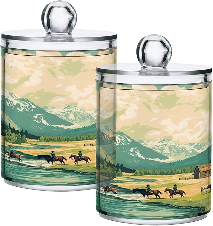 Nander 2Pack Western Style Cowboy Horseback Riding Qtip Holder Dispenser -Clear Plastic Apothecary Jars Set - Restroom Bathroom Makeup Organizers Containers for Cotton Swab, Ball, Pads, Floss