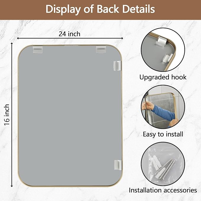 Gold Mirror, 16x24 Inch Framed Rectangle Mirror with Rounded Corner, Brushed Brass Mirror, Gold Bathroom Mirror for Over Sink, Vanity, Living Room, Bedroom, Horizontal/Vertical