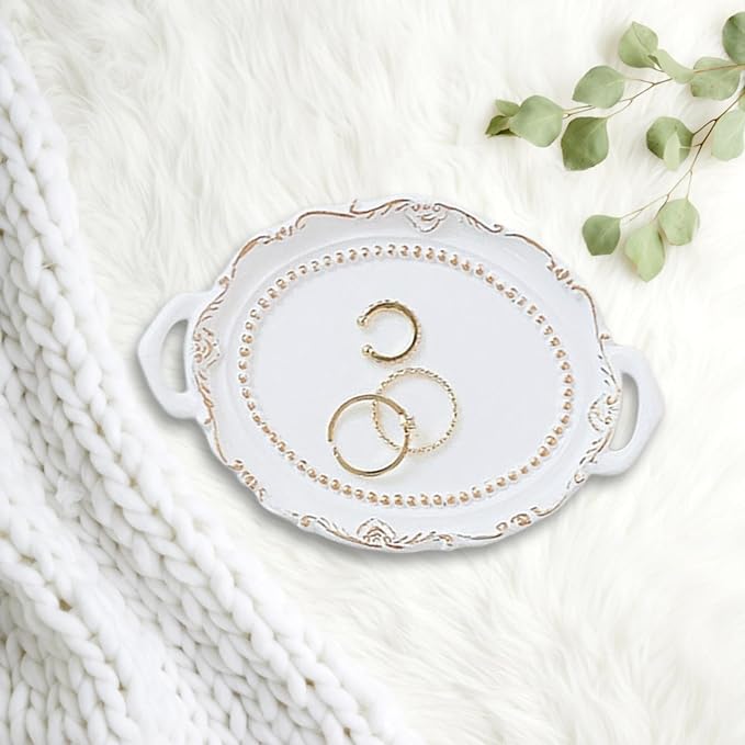 Makeup Perfume Organizer Cosmetic Trays Ornate Trays Ornament Decorative Trays Jewellery Organivsers for Table Housewarming Desk Countertops, White European Style
