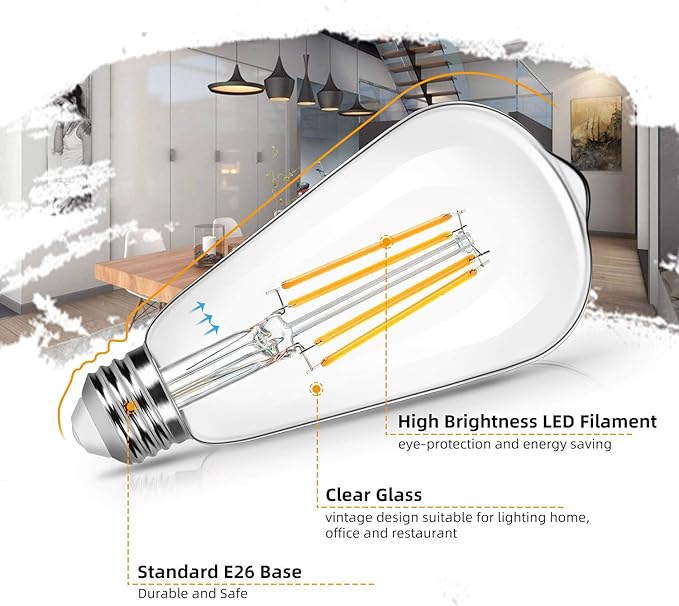 4-Pack Vintage 8W ST64 LED Edison Light Bulbs 100W Equivalent, 1400Lumens, 2700K Warm White, E26 Base LED Filament Bulbs, CRI 90+, Antique Glass Style Great for Home, Bedroom, Office, Non-Dimmable