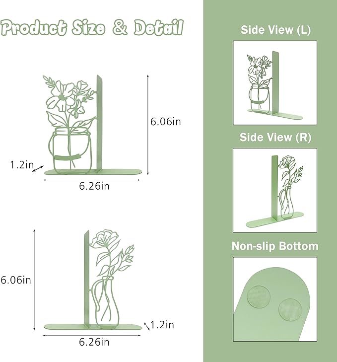 Flower Vase Bookends, Metal Decorative BookEnds for Shelves Cute Book Ends for Office Home Decor, Ideal Gift for Book Lovers (Green)