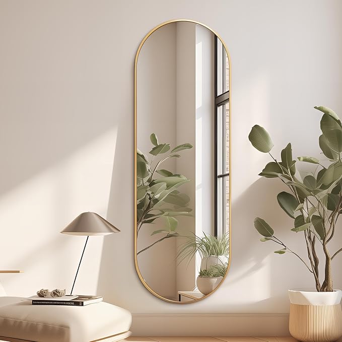 Niccy 65"×22" Oval Full Length Mirrors, Long Wall-Mounted Mirror with Aluminum Frame, Large Body Mirrors for Living Room, Explosion-Proof Hanging Wall Mirror for Bathroom Bedroom Entryway Decor, Gold