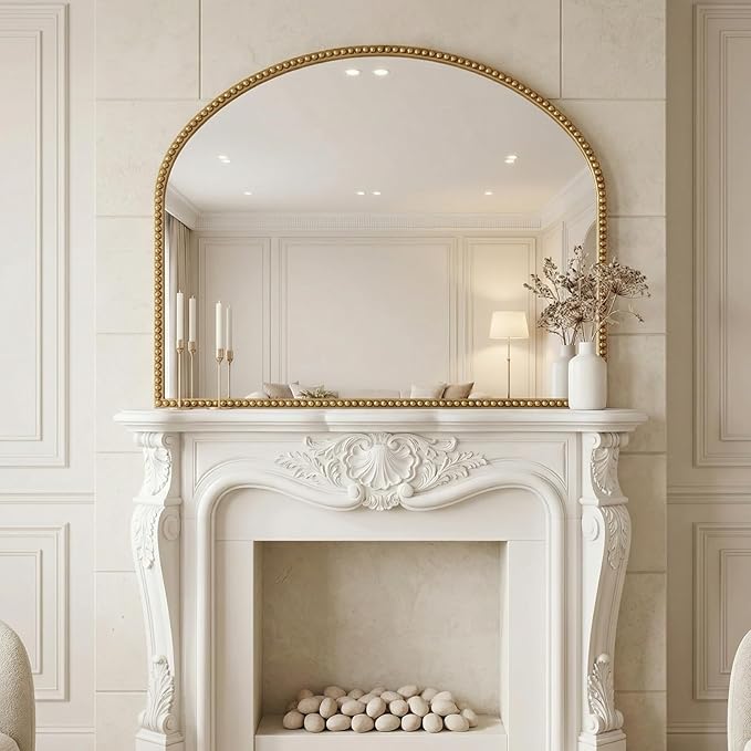 Arched Gold Decorative Wall Mirror 28"x35" Vintage Beaded Frame for Bathroom, Bedroom & Living Room