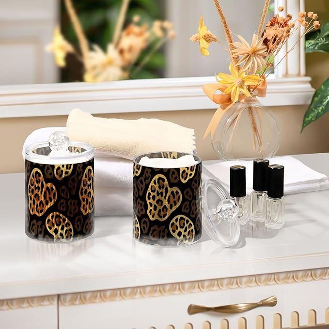 2 Pack Apothecary Jars Irregular Leopard Print Pattern Bathroom Vanity Storage Organizer Set,Small Clear Plastic Storage Jars Bathroom Canister for Cotton Swabs, Rounds, Balls, Qtips,Makeup Spo