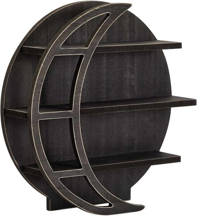 Farmlyn Creek Wooden Moon Shelf - Polished Gothic Wall Decor - Crystal Shelf Display & Essential Oil Organizer - Home Decor Accent - 12 x 12 x 3 in, Rustic Black