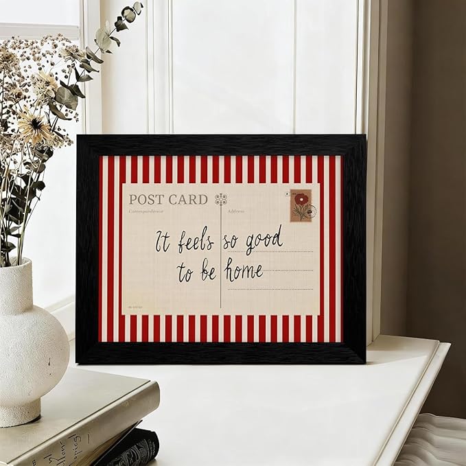 Red Vintage Postcard Poster It Feels So Good To Be Home Quote Wall Art Mid Century Modern Striped Canvas Prints for Living Room Bedroom Wall Decor 12X16 inch Black Framed