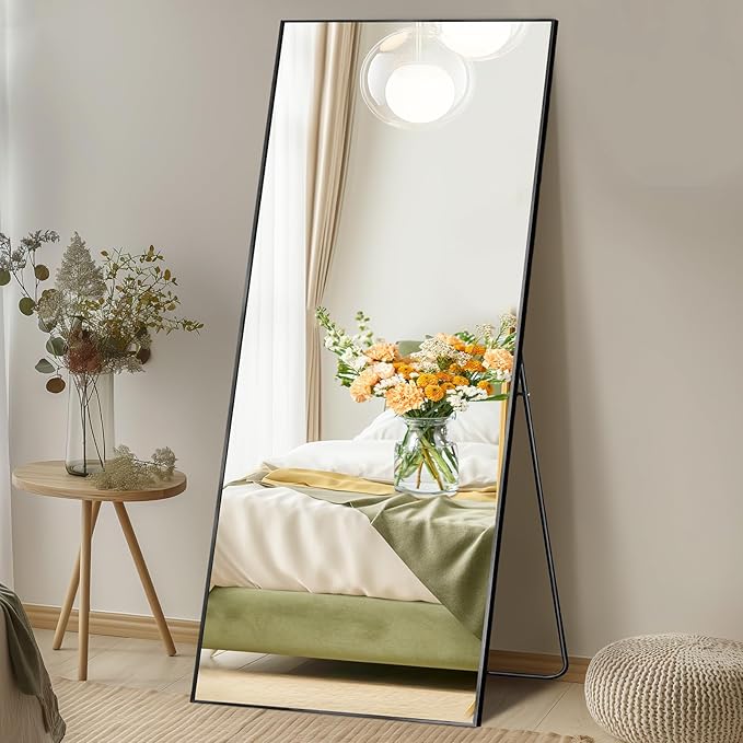 DUMOS 26"x68" Full Length Mirror with Stand, Floor Standing Aluminum Frame, Shatter-Proof Nano Glass for Bedroom, Living Room, Cloakroom – Modern Simple Home Decor,Can Be Hanging or Leaning, Black