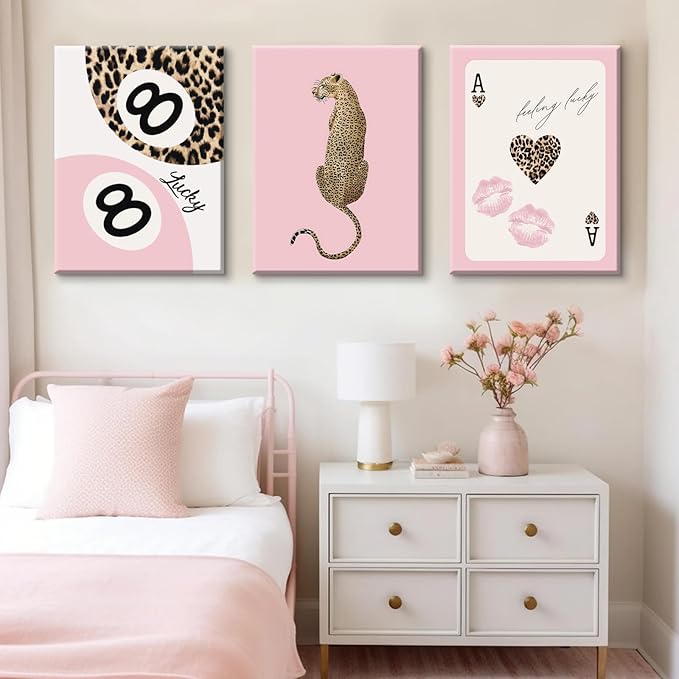 Cheetah Trendy Wall Art Preppy Leopard Canvas Print Cheetah Room Wall Decor 8 Ball Poster Y2k Pink Coquette Luxury Print Lucky Aesthetic Fashion Pictures for Bedroom 24x36x3 Inch Wrapped Canvas