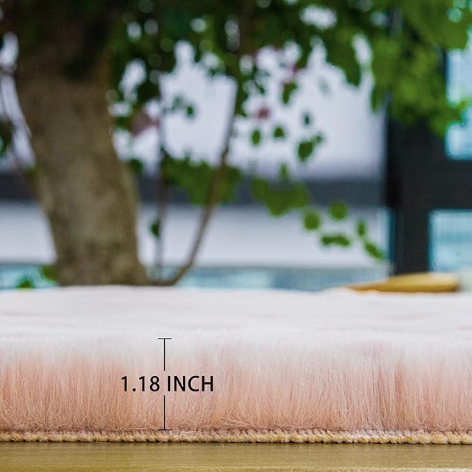 ORINOVA Pink Washable Fluffy 5x8 Area Rugs for Bedroom Plush Faux Rabbit Shag Fur Rug for Living Room Nursery Rug