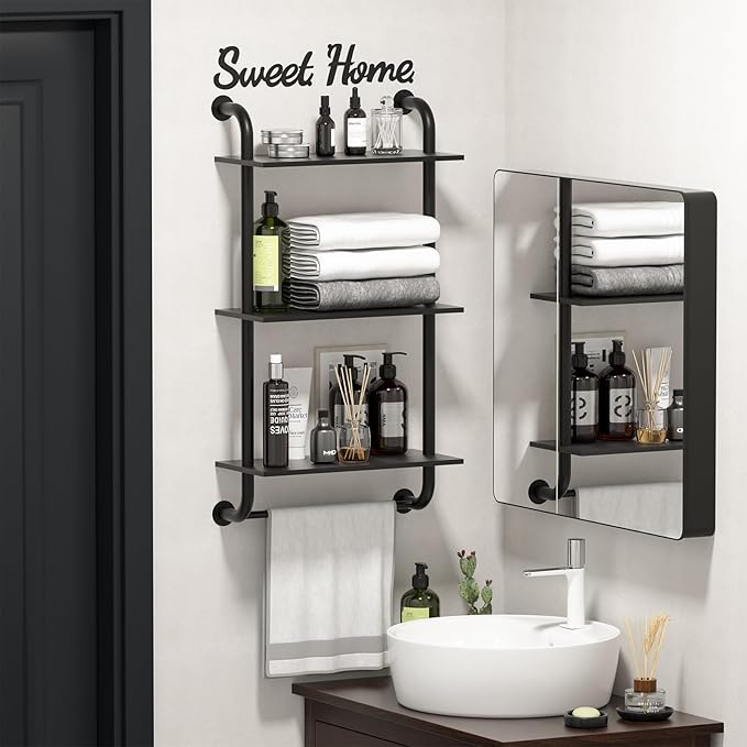 Tinpin Bathroom Shelves Wall Mounted, Rustic Farmhouse Pipe Shelves, Walls Shelf 3-Tier, Industrial Pipe Shelving, Floating Shelf Wall Decor for Bathroom, Kitchen, Bedroom, Living Room 17.3in Black