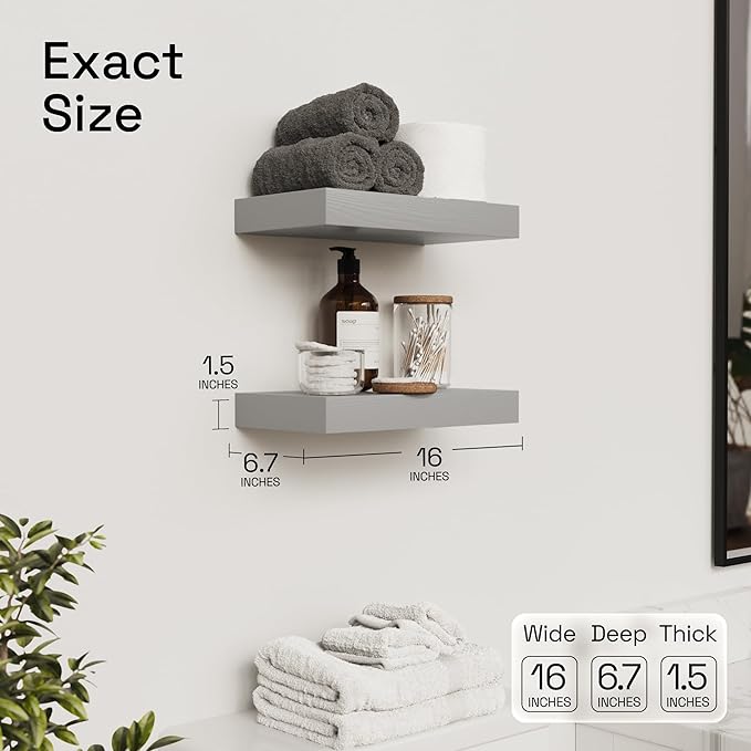 BAOBAB WORKSHOP Wood Floating Shelves for Wall - Rustic Shelf 16 inch - Grey Bathroom Shelves - Solid Wood Shelves for Wall for Bedroom Kitchen Living Room - Gray Finish, 16W × 6.7D, Set of 2