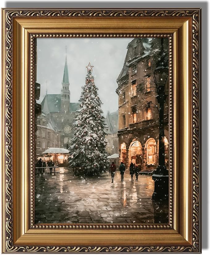 KBKBART Framed Canvas Wall Art 'Vintage Christmas Tree' Painting, Retro Farmhouse Artwork, Winter Mood Snow Picture, For Living Room & Bathroom Wall Decor - 9'x12'