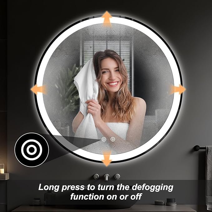 Sweetcrispy 36-Inch Round LED Bathroom Backlit Mirror with Lights, Circle Vanity Mirror with Anti-Fog, Dimmable, 3-Color Light, Memory Function, Tempered Glass