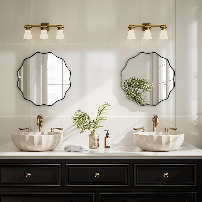 Round Wavy Mirror 20 Inch Bathroom Vanity Mirror Metal Frame Circle Wall Mounted Mirror for Bedroom Living Room Entryway Black