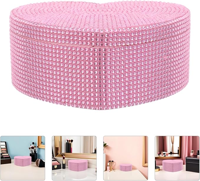 Double Layer Heart Shaped Jewelry Box with Mirror Rhinestone Plastic Jewelry Organizer for Women Makeup Storage Case Pink