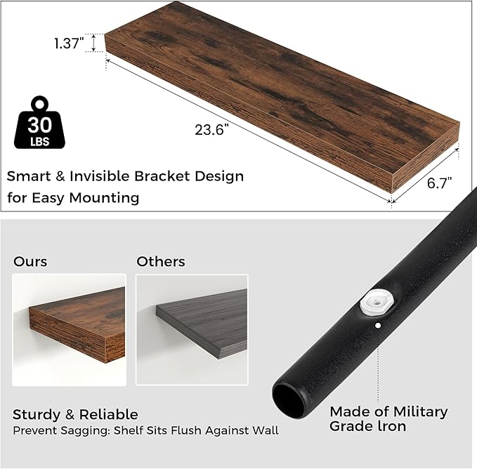 Floating Shelves for Wall 24 inch Long, Engineered Wood Wall Shelves with Invisible Brackets for Living Room Bedroom Bathroom Office Kitchen Decor and Storage, Rustic Brown Finish, Set of 2