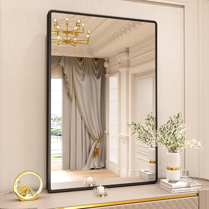 pertetey New Upgrade Bathroom Mirror, 48X32 Inch Black Metal Frame Wall Mounted Rounded Rectangle Bathroom Vanity Mirror with Tempered Glass for Washroom Bedroom Living Room