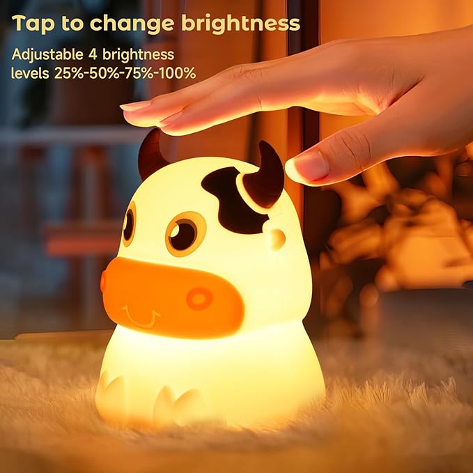 AVEKI Night Light for Kids, Portable Tap Control Rechargeable Nightlight Lamp, Color Changing, Remote Control Silicone Cute Animal Cow Night Lamp Bedroom Decor for Infant or Toddler (Cows-Remote)
