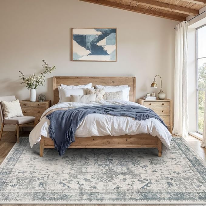 Rugxara Area Rugs 5x7, Washable Rugs for Living Room, Vintage Boho Light Blue Rug for Office, Dining Room, home decorKids Room and Farmhouse,Home Decor Durable Low Pile Non-Slip for High Traffic Areas