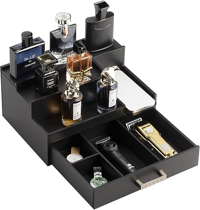Cologne Organizer for Men, 3 Tier Perfume Display Stand with Drawer and Hidden Compartments, Stylish Wooden Mens Cologne Holder for Dresser Storage, Great Gift for Men/Fathers, Black