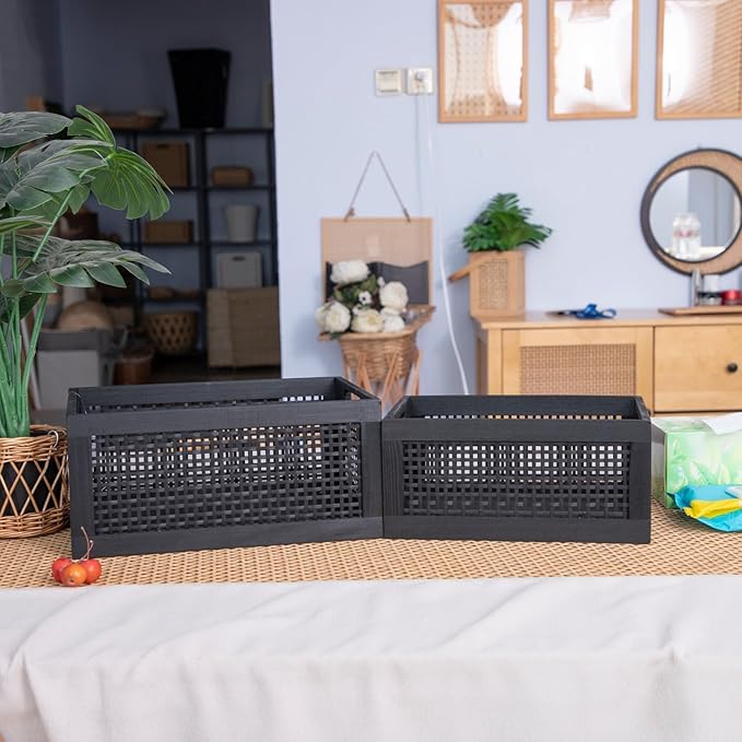 Wooden Storage Baskets,Black Woven Bamboo Basket Nesting Boxes with Built-in Handle for Pantry, Kitchen,Living Room,Shelves,Set of 2