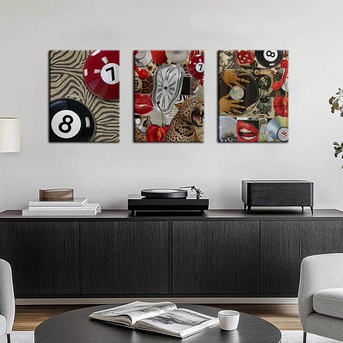 Trendy Leopard Cheetah Wall Art Set of 3, Black Woman Wall Decor Paintings Black Teen Girl Music 8 Ball Poster Canvas Prints Aesthetic for Bedroom Living Room Dorm 12x16 inch Framed
