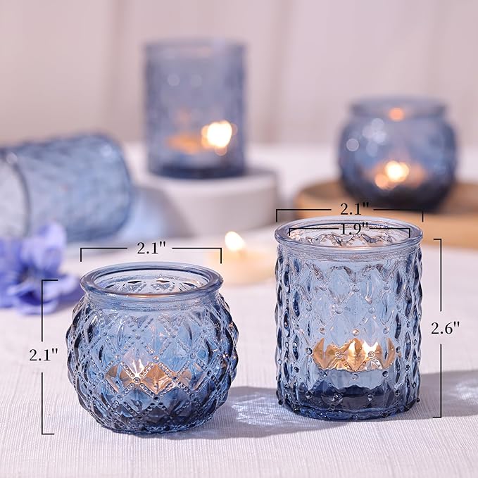 NITIME 12Pcs Assorted Blue Votive Candle Holders, Tea Lights Candle Holder for Wedding Decor, Blue Candle Holders for Table Centerpiece, Bridal Shower, Baby Shower Decorations