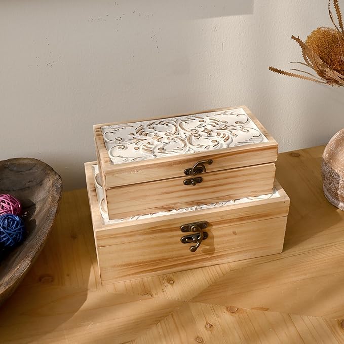 DECOR4SEASON Wooden Storage Box Set of 2 - Hand Carved Floral Decorative Boxes with Hinged Lids - Solid Pine Keepsake Organizer for Jewelry, Photos, and Rustic Farmhouse Home Décor