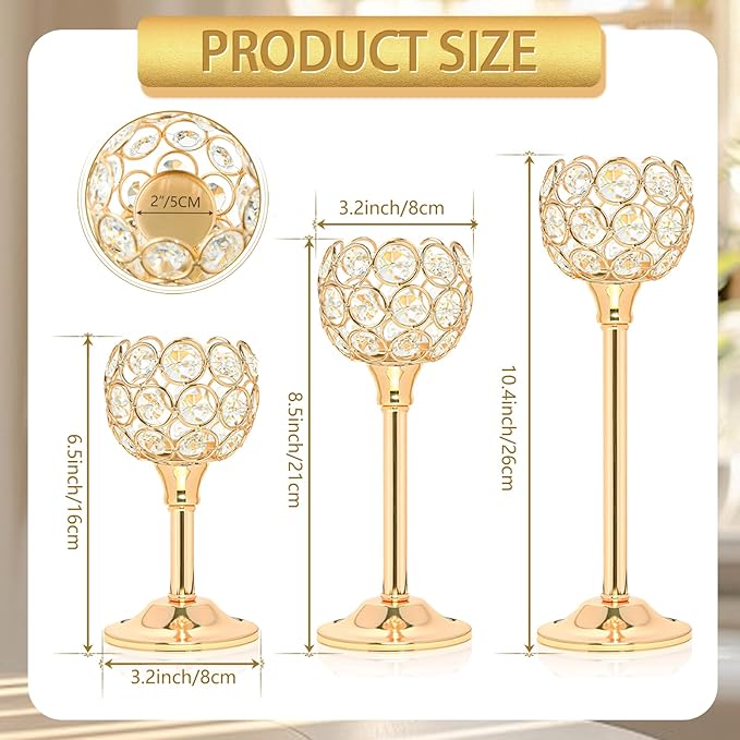 12pcs Bulk Gold Crystal Candle Holder Set, 3 Sizes Tealight Candlestick Holders, Elegant Candelabra for Wedding Table Centerpiece, Fireplace, Home & Living Room Decor
