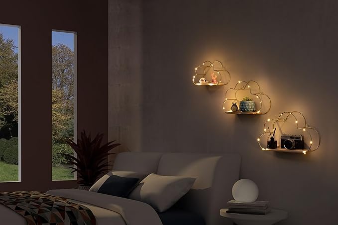 Golden Cloud Shape Floating Shelves with LED Lights Wall Decor,Gold Metal Wire and Wood Base Wall Mounted Shelf Decorations for Home Bedroom Living Room - Set of 3