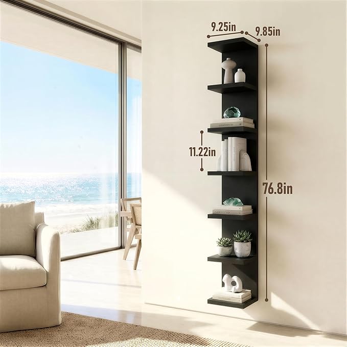 7 Tier Wall Shelf Unit & Lack Shelf, Versatile Floating Shelves for Wall, Bedroom Book Shelf, Vanity Display Shelves, Tall Decorative Shelving Unit, Long Shelves for Storage Black