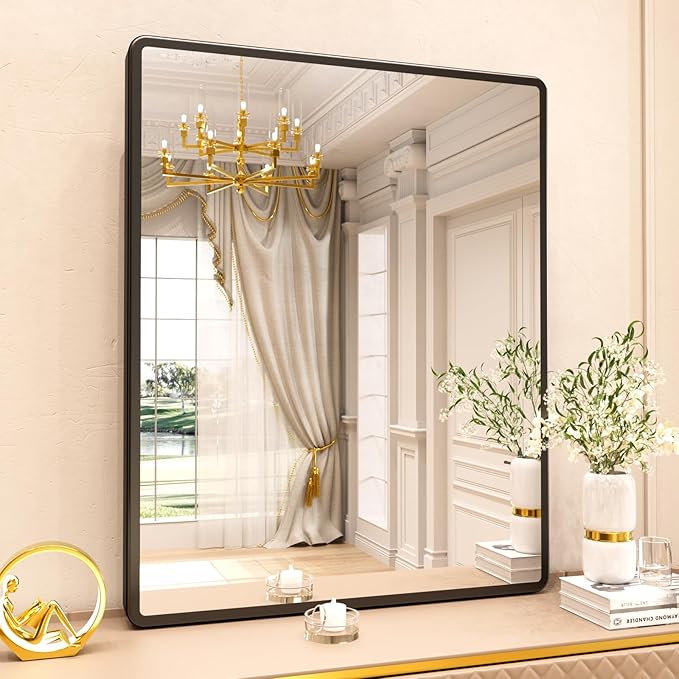 pertetey New Upgrade Bathroom Mirror, 40X32 Inch Black Metal Frame Wall Mounted Rounded Rectangle Bathroom Vanity Mirror with Tempered Glass for Washroom Bedroom Living Room