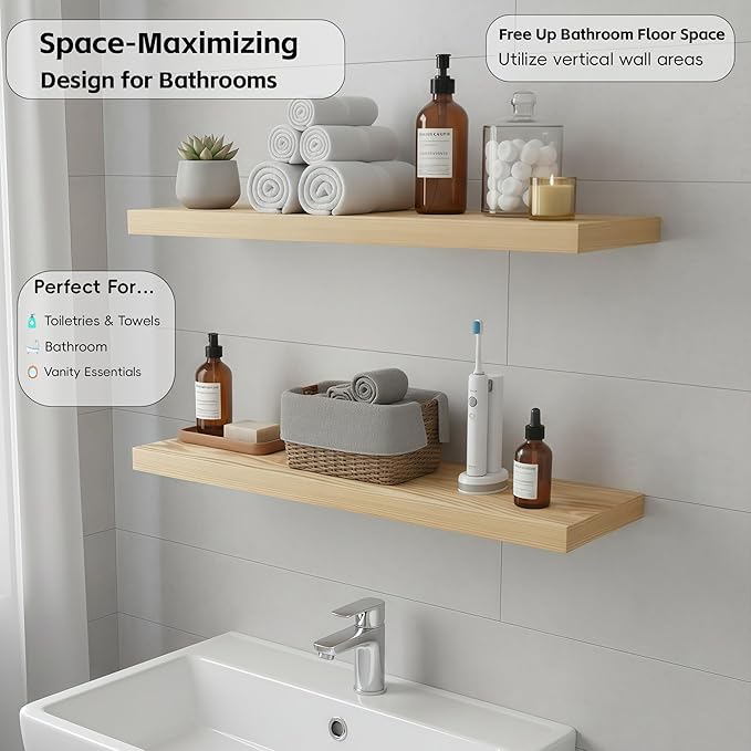 Lufia Floating Wall Shelves, Set of 2, MDF with Invisible Brackets, Modern Storage for Bedroom, Bathroom, Living Room, Kitchen (Oak, 24" W x 7" D x 1.5" H)