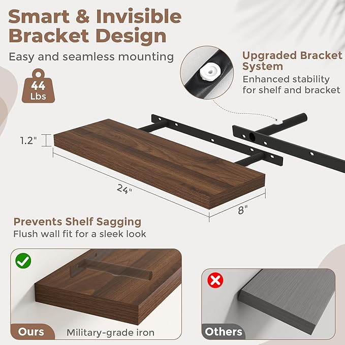 24 Inch Floating Shelves for Wall with Invisible Brackets Set of 2, 8"D Engineered Wood Wall Shelves with Wood Grain for Living Room, Bedroom, Bathroom, Kitchen Decor and Storage, Walnut Finish